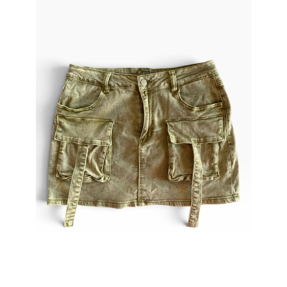 American Bazi Acid Wash Denim Cargo Mini Skirt